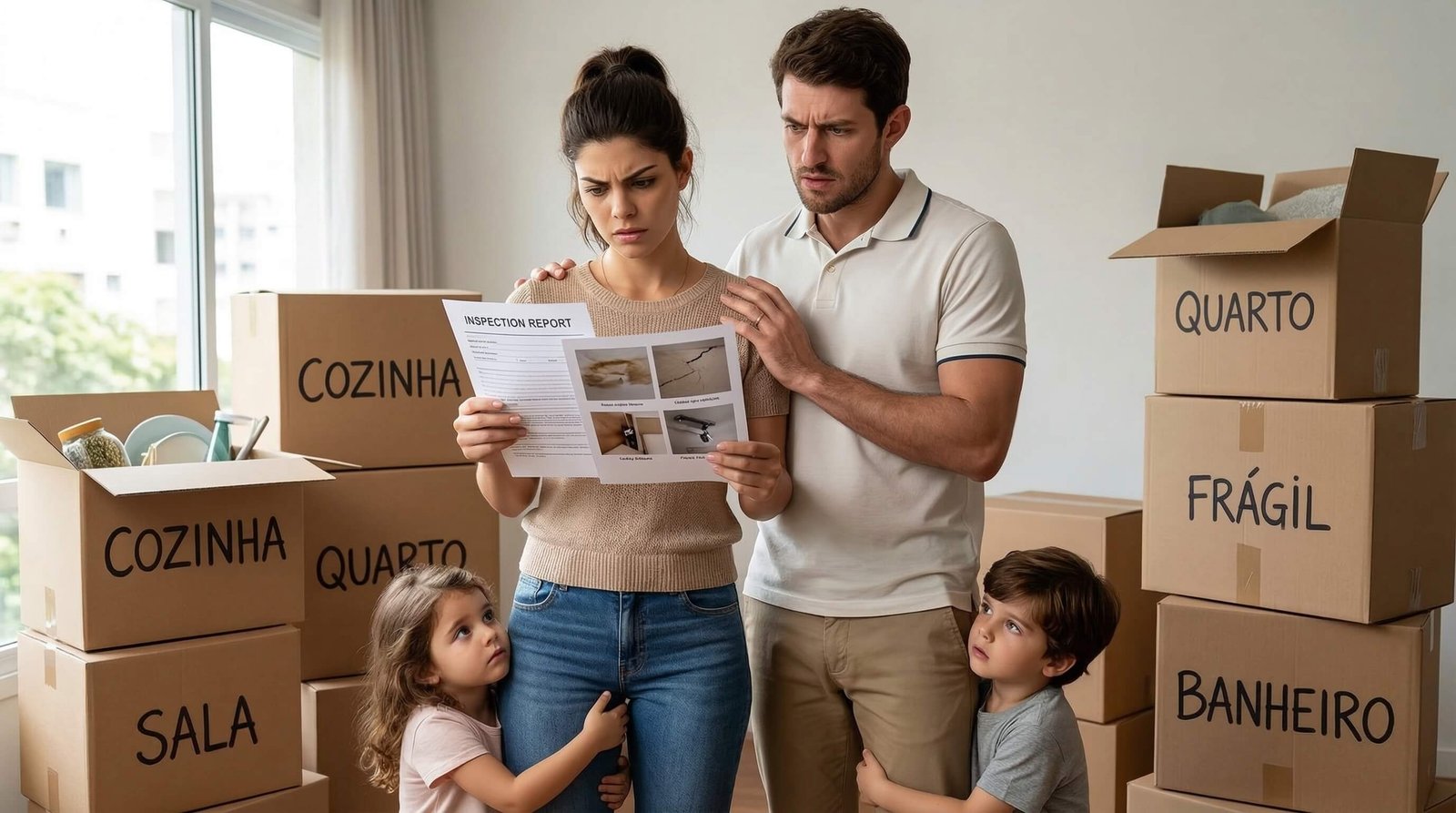 Casal jovem preocupado com cobranças indevidas da imobiliária