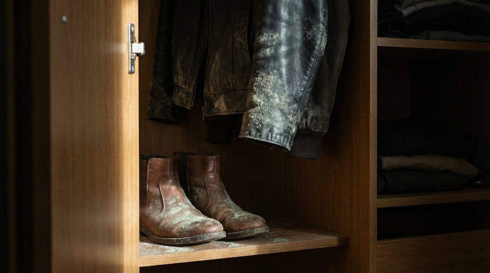 Presença de mofo em casaco de couro guardado em armário embutido com má ventilação